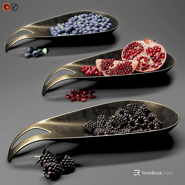Ceramic Spoon Shaped Vessels Holding Fresh Blueberries Pomegranate and Blackberries 3d model 