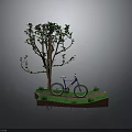 Purple Bicycle Parked Under Green Tree On Green Platform With Gray Background