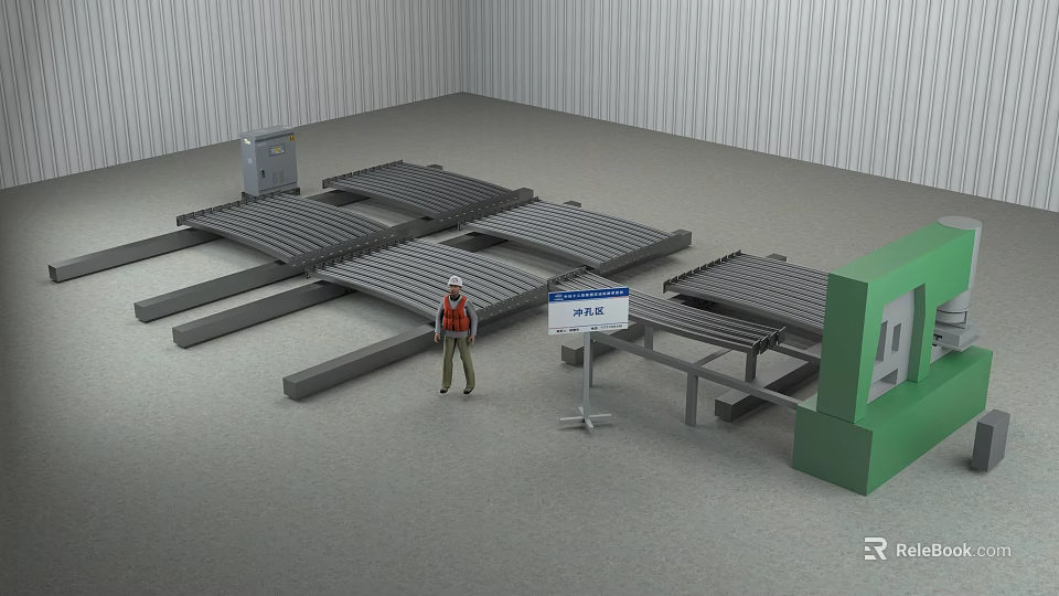 Industrial Construction Components Stacked At Worksite With Worker And Display Sign 3d model