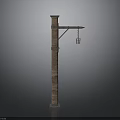 Brick Lamp Post With Extended Arm And Hanging Lantern For Outdoor Scenes