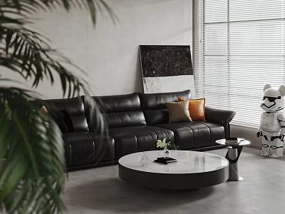 Modern Black Leather Sofa And Round Coffee Table Set With Decorative Pillows Palm Plant 3d model