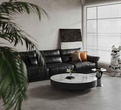Modern Black Leather Sofa And Round Coffee Table Set With Decorative Pillows Palm Plant 3d model