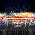 Grand Stage With Circular Center Illuminated By Blue Purple Light Beams And Large Screens