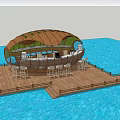 Shell Shaped Waterfront Café With Wooden Deck Bar Counter And Bar Stools