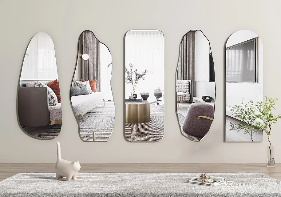 Different Shaped Wall Mounted Mirrors Reflect Living Room Sofa Plants Coffee Table White Cat Ornament 3d model 