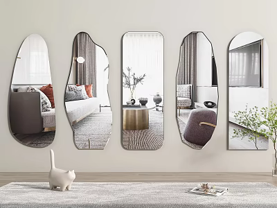 Different Shaped Wall Mounted Mirrors Reflect Living Room Sofa Plants Coffee Table White Cat Ornament 3d model