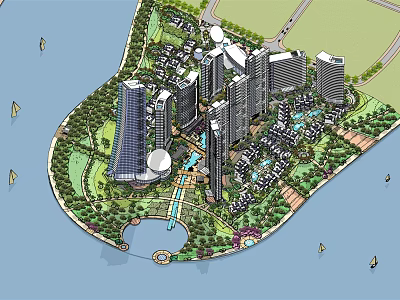 Aerial View of Modern Urban Development Planning with High Rise Buildings Green Areas and Waterfront 3d model