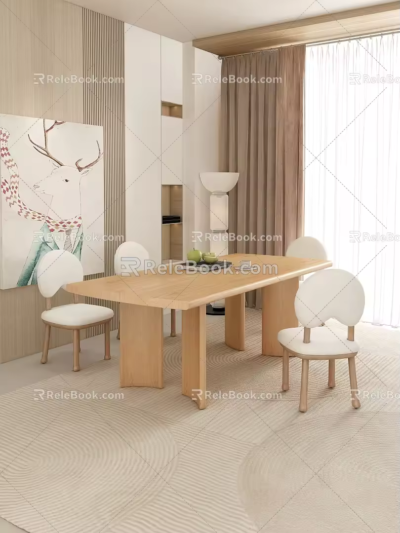 Nordic Solid Wood Dining Table and Chair 3d model