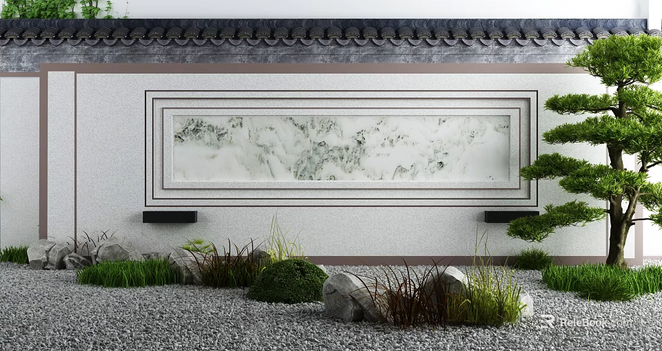 Traditional Chinese Landscape Wall with Marble Pattern Framed in Garden Courtyard and Pebbles Grass Plants 3d model 