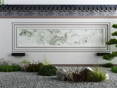 Traditional Chinese Landscape Wall with Marble Pattern Framed in Garden Courtyard and Pebbles Grass Plants 3d model