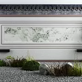 Traditional Chinese Landscape Wall with Marble Pattern Framed in Garden Courtyard and Pebbles Grass Plants