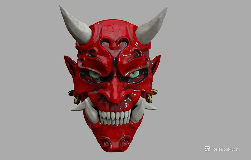Red Decorative Demon Mask with White Horns Green Eyes and Sharp Teeth 3d model 