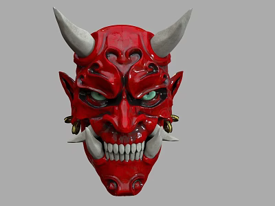Red Decorative Demon Mask with White Horns Green Eyes and Sharp Teeth 3d model