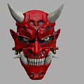 Red Decorative Demon Mask with White Horns Green Eyes and Sharp Teeth
