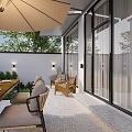 Stylish Outdoor Garden Decor in Walled Space with Umbrella Dining Set Wall Lights and Greenery