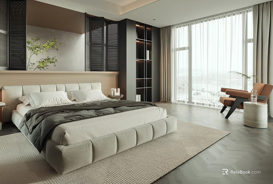 Modern Bedroom With Beige Bed Wooden Headboard Gray Blanket And City View Through Large Windows 3d model 