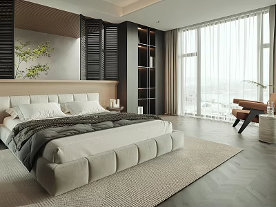 Modern Bedroom With Beige Bed Wooden Headboard Gray Blanket And City View Through Large Windows 3d model
