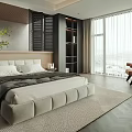 Modern Bedroom With Beige Bed Wooden Headboard Gray Blanket And City View Through Large Windows