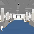 Modern Hospital Ward with White Ceilings Blue Floors Medical Beds and Monitoring Cameras