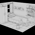 Cartoon Bedroom Scene With Yellow Walls Bed Black White Striped Sheets Desk And Bookshelf