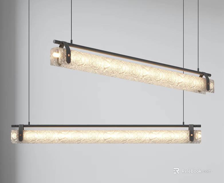 Modern Long Strip Pendant Lights With Textured Shade And Black Metal Frame Suspended By Cords 3d model 