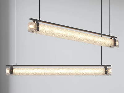 Modern Long Strip Pendant Lights With Textured Shade And Black Metal Frame Suspended By Cords 3d model