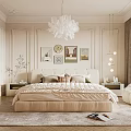 Elegant Beige Bedroom Interior Design With Chandelier Paintings Area Rug And Armchair