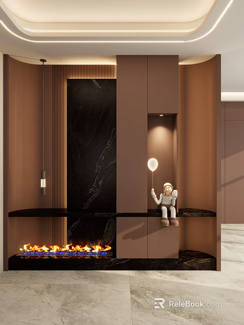 Modern Entryway Hallway With Brown Walls Black Marble Accent Wall Pendant Lights And Astronaut Sculpture 3d model 