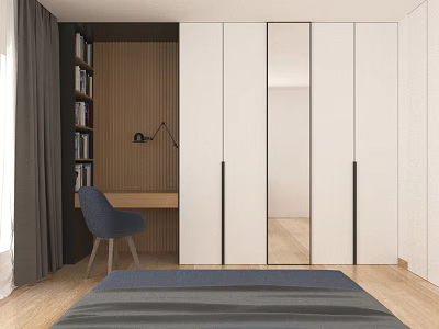 Modern Room Interior With White Wardrobes Blue Chair Desk Bookshelf Wooden Floor And Curtain 3d model