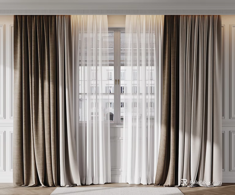 Elegant Modern Curtains With Sheer Panels And Neutral Tones For Interior 3d model 