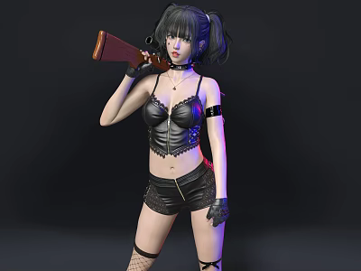 Woman With Black Pigtails In Black Leather Crop Top Holding Red Stock Gun 3d model