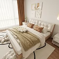 Modern Bedroom Interior With Beige Bed Nightstands Wall Art Curtains And Decorative Rug