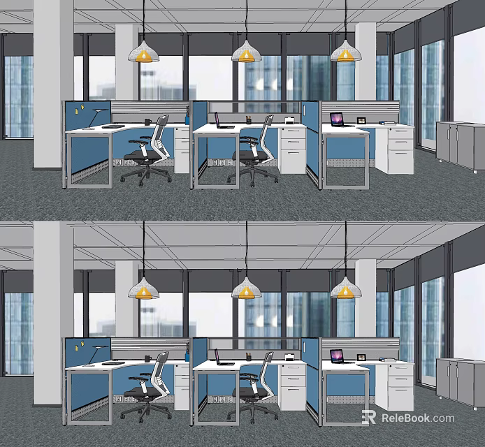 Public Office Space Design With Cubicles Desks Computers Hanging Lights And Large Windows 3d model