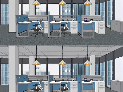 Public Office Space Design With Cubicles Desks Computers Hanging Lights And Large Windows 3d model