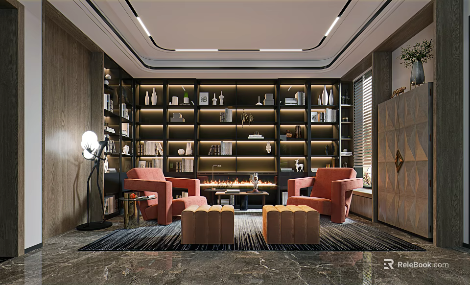 Modern Study Room With Dark Bookcases And Red Armchairs 3d model