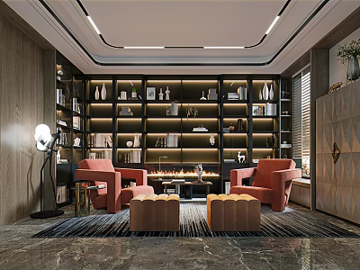 Modern Study Room With Dark Bookcases And Red Armchairs 3d model