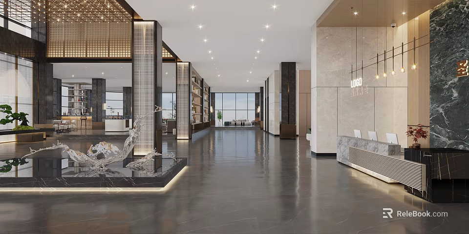 Luxurious Modern Hotel Lobby Interior Design With Marble Floor Pillars Chandeliers And Sculpture Decor 3d model 
