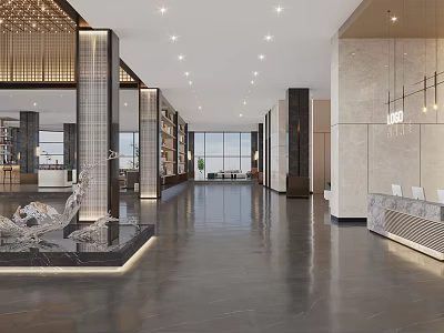 Luxurious Modern Hotel Lobby Interior Design With Marble Floor Pillars Chandeliers And Sculpture Decor 3d model