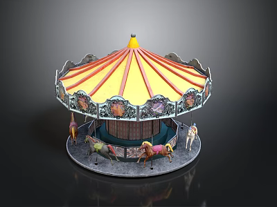 Vintage Carousel Structure With Red Yellow Striped Roof Decorative Railings And Colorful Horses 3d model