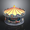 Vintage Carousel Structure With Red Yellow Striped Roof Decorative Railings And Colorful Horses