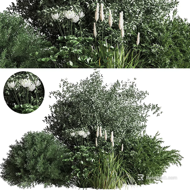 Diverse Green Shrubs With White Blooms And Lush Foliage In Garden Landscape 3d model 