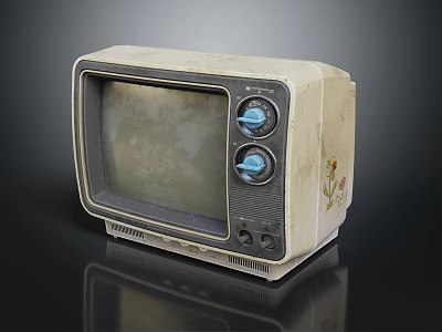 Vintage Cream Colored Television With Two Knobs And Floral Decal Design 3d model