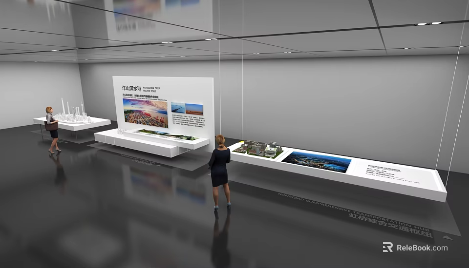 Modern Exhibition Hall Interior With Display Platforms And Images For Visitors 3d model