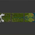 3D Terrain Model with Snowy Mountains Green Terrain River and Water Area
