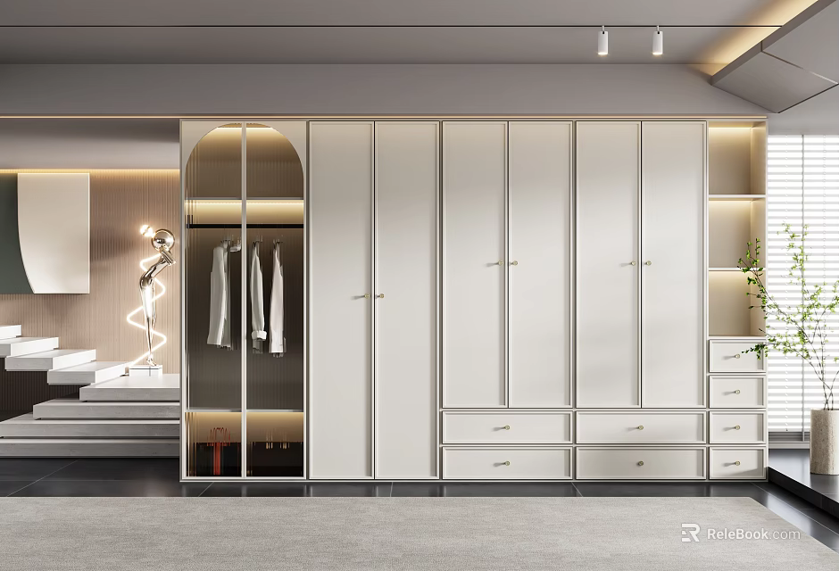 Modern White Wardrobe Interior Design With Glass Door Panels Drawers And Built In Lighting 3d model 