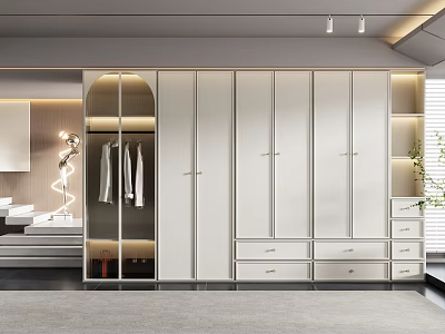 Modern White Wardrobe Interior Design With Glass Door Panels Drawers And Built In Lighting 3d model