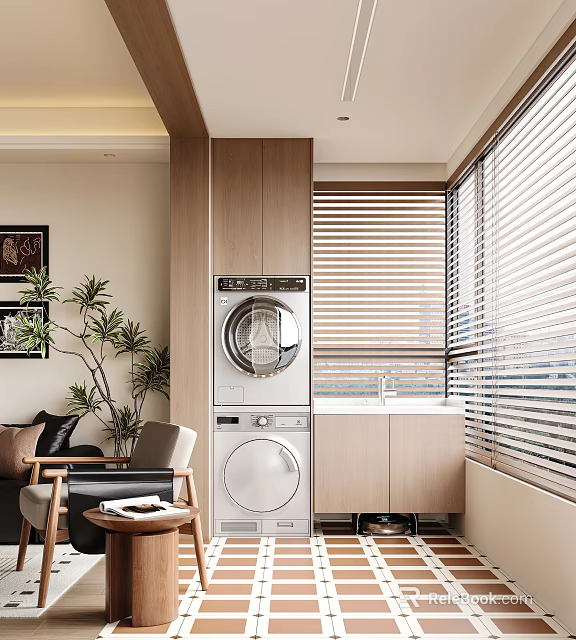 Modern Balcony Cabinet Design With Washing Machine Sink Blinds And Plant 3d model 
