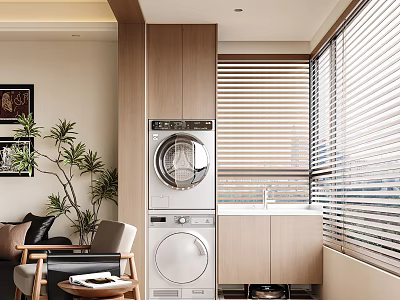 Modern Balcony Cabinet Design With Washing Machine Sink Blinds And Plant 3d model