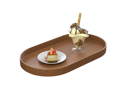 Decorative Dessert Ornament Set With Wooden Tray Cheesecake And Ice Cream Sundae 3d model
