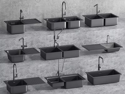 Black Kitchen Sinks In Various Styles With Faucets And Drainboard 3d model